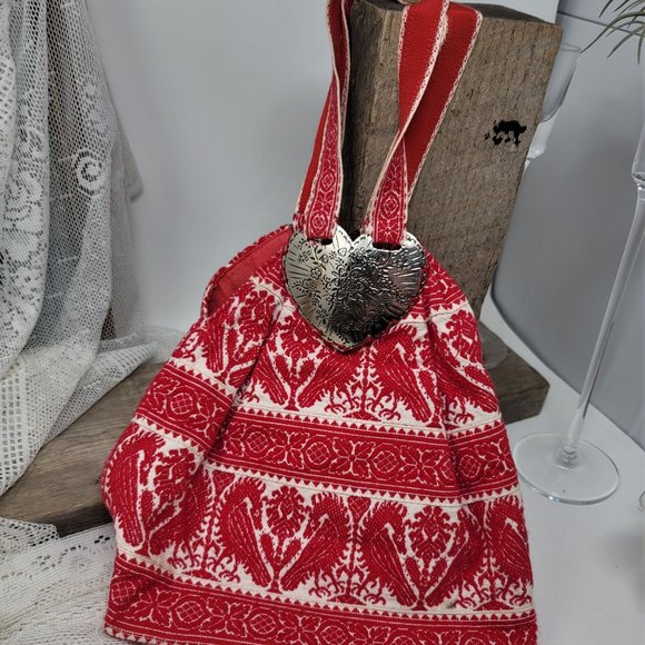 Fun Red Fabric Boho Purse w/ Metal Heart Decoration - Picture 3 of 7